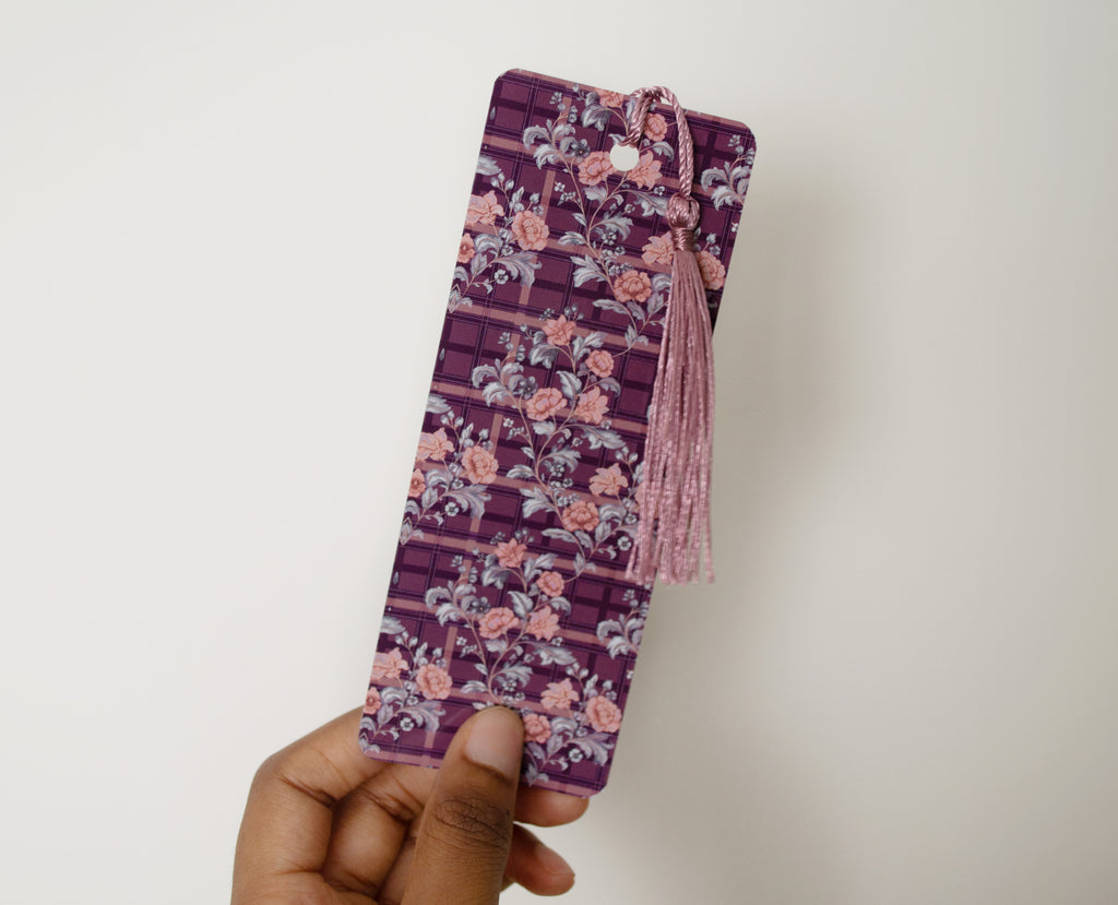 Tartan Floral Bookmark | Original Hand painted Design | Laminated Card with Tassel | Made in UK