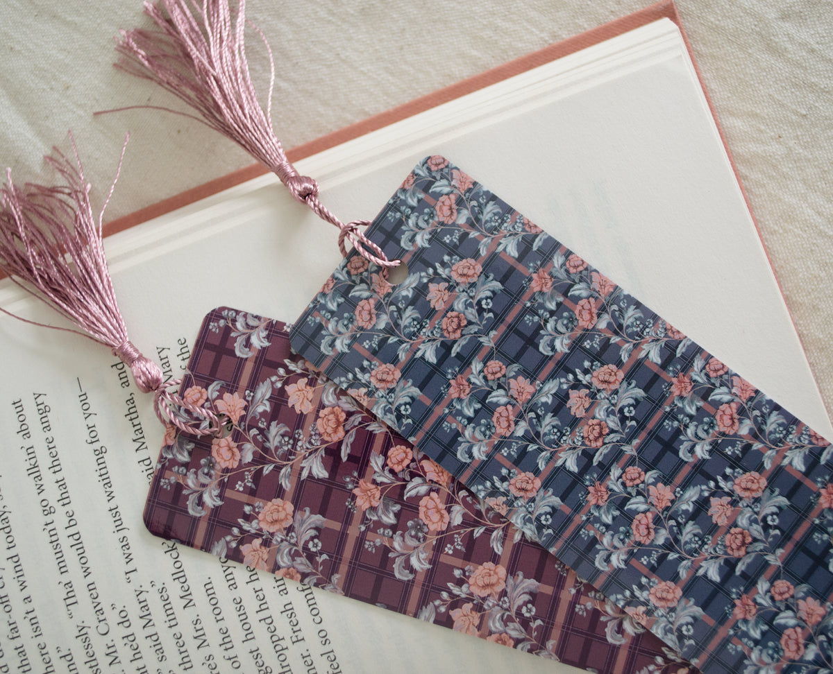 Tartan Floral Bookmark | Original Hand painted Design | Laminated Card with Tassel | Made in UK