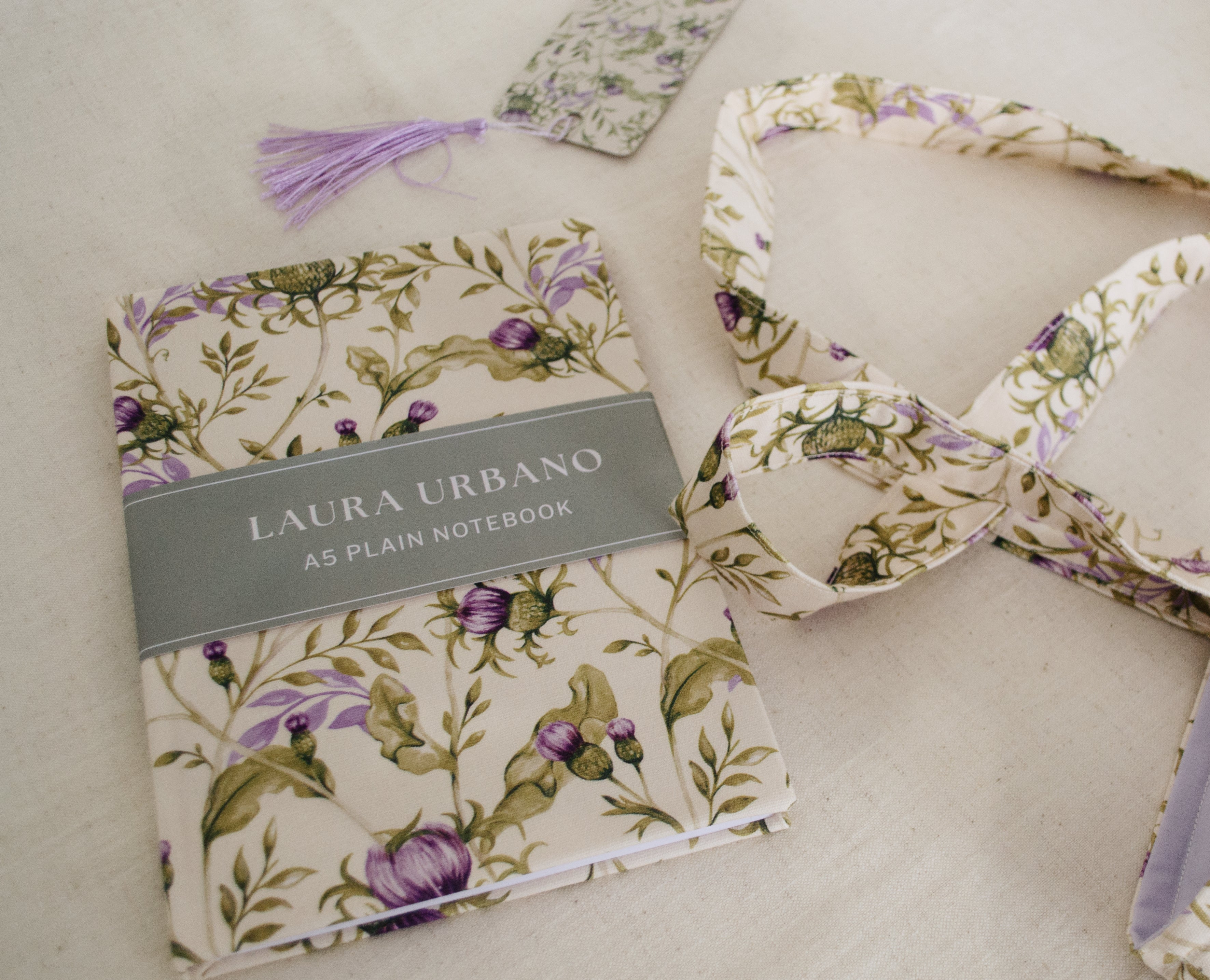 Thistle A5 Plain Notebook | Original Hand Painted Design | Fabric Bound | Made in UK